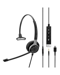 Image of EPOS|Sennheiser IMPACT SC 635 Mono USB-C and 3.5mm Corded Headset showing the 3D side view of the headset with the call control buttons.
