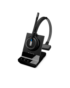 Image of EPOS|Sennheiser IMPACT SDW 5035 Mono Wireless Headset showing the 3D left side view of the headset with the headset base.
