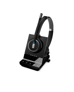 Image of EPOS-Sennheiser-IMPACT-SDW-5066-Duo-Wireless-Headset showing the left side angle of the headset with the headset base.
