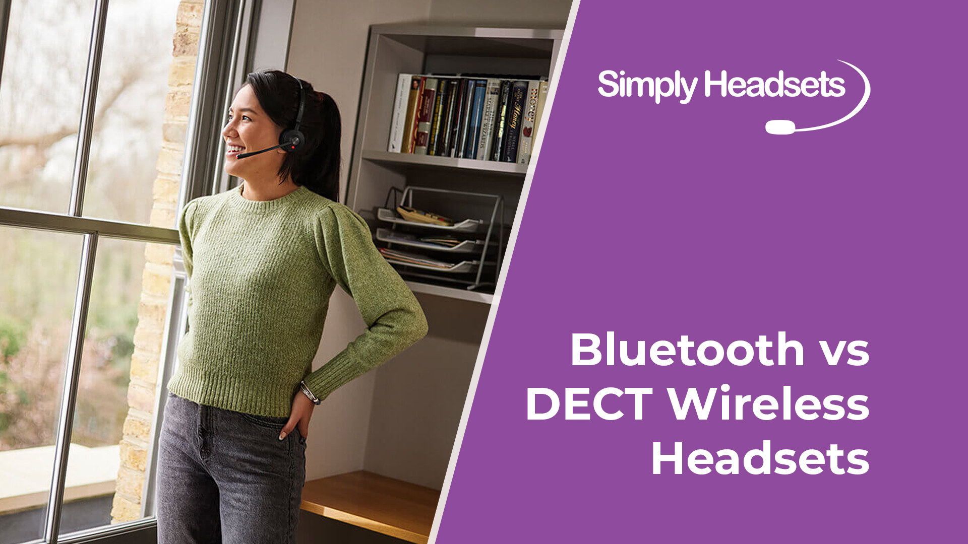 Woman in home office on wireless call wearing bluetooth headset