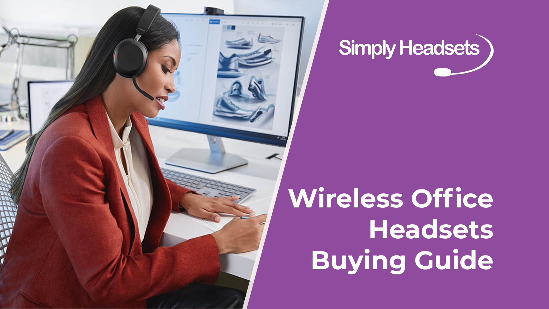 Woman wearing wireless headset at her desk