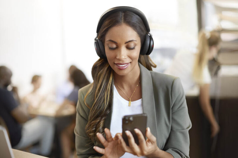 Image of woman concentrating with active noise cancelling headset