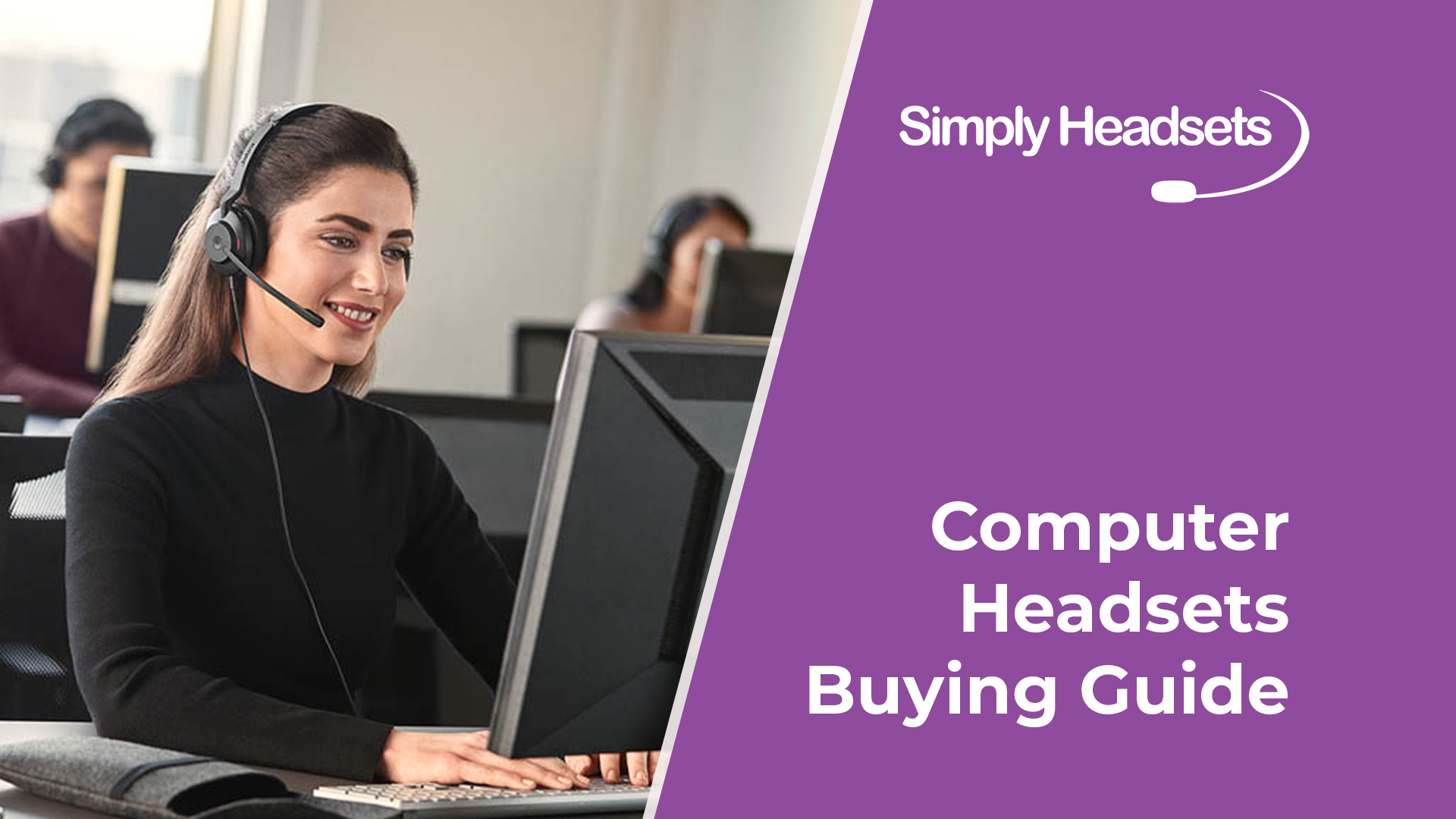 Woman smiling in call centre wearing computer headset