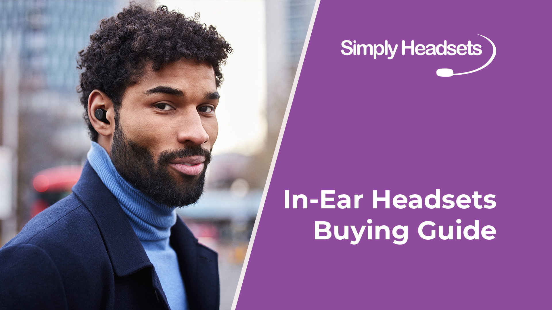 Man on street wearing in ear headset earbuds