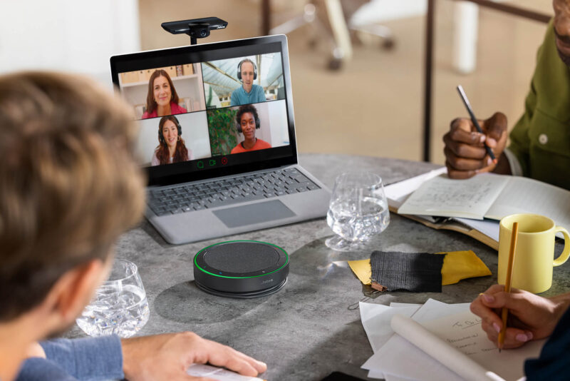 Video conferencing meeting with Jabra Speak2 75 on table